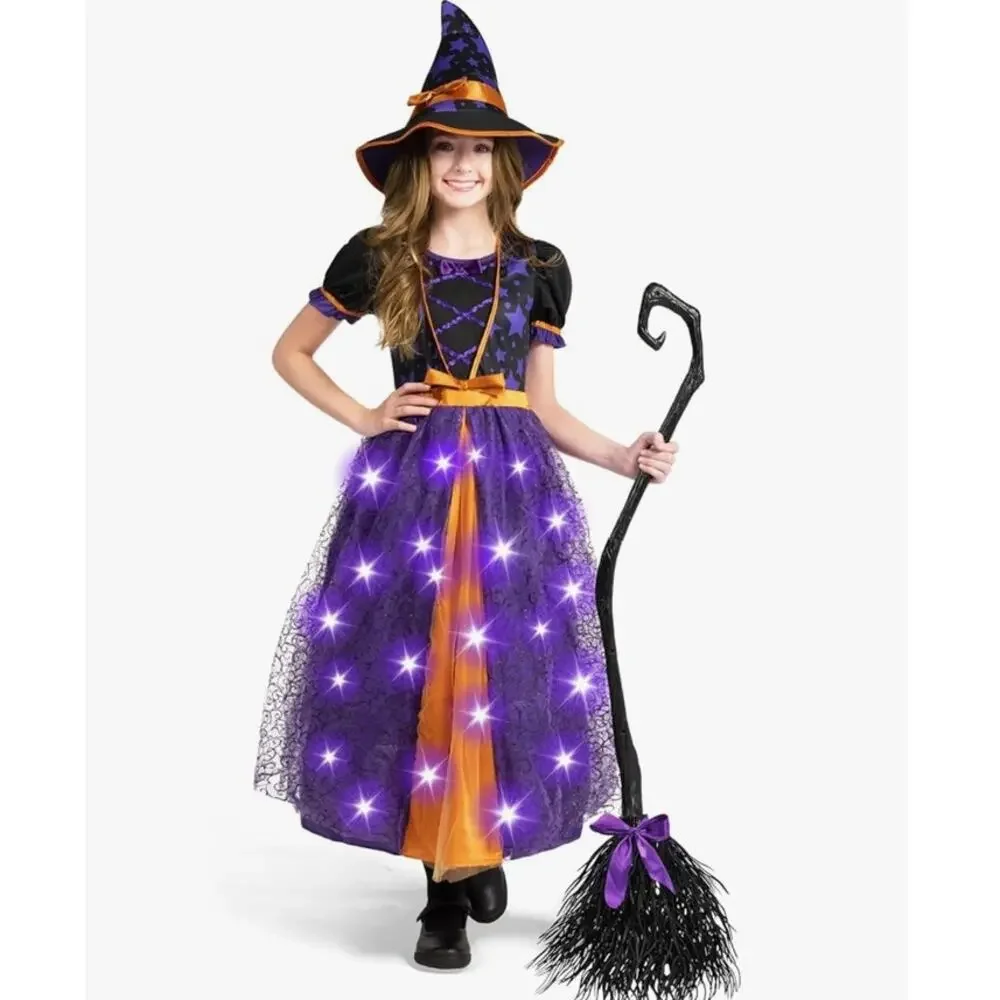 Spooktacular Creations Girl LED Light-Up Witch Costume Set with Broom Small 5/7